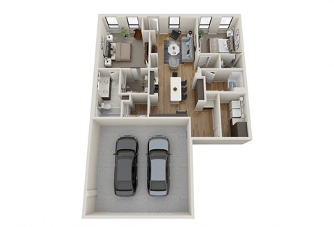 Floor plan for 2 beds, 2 baths, 1293 sqft